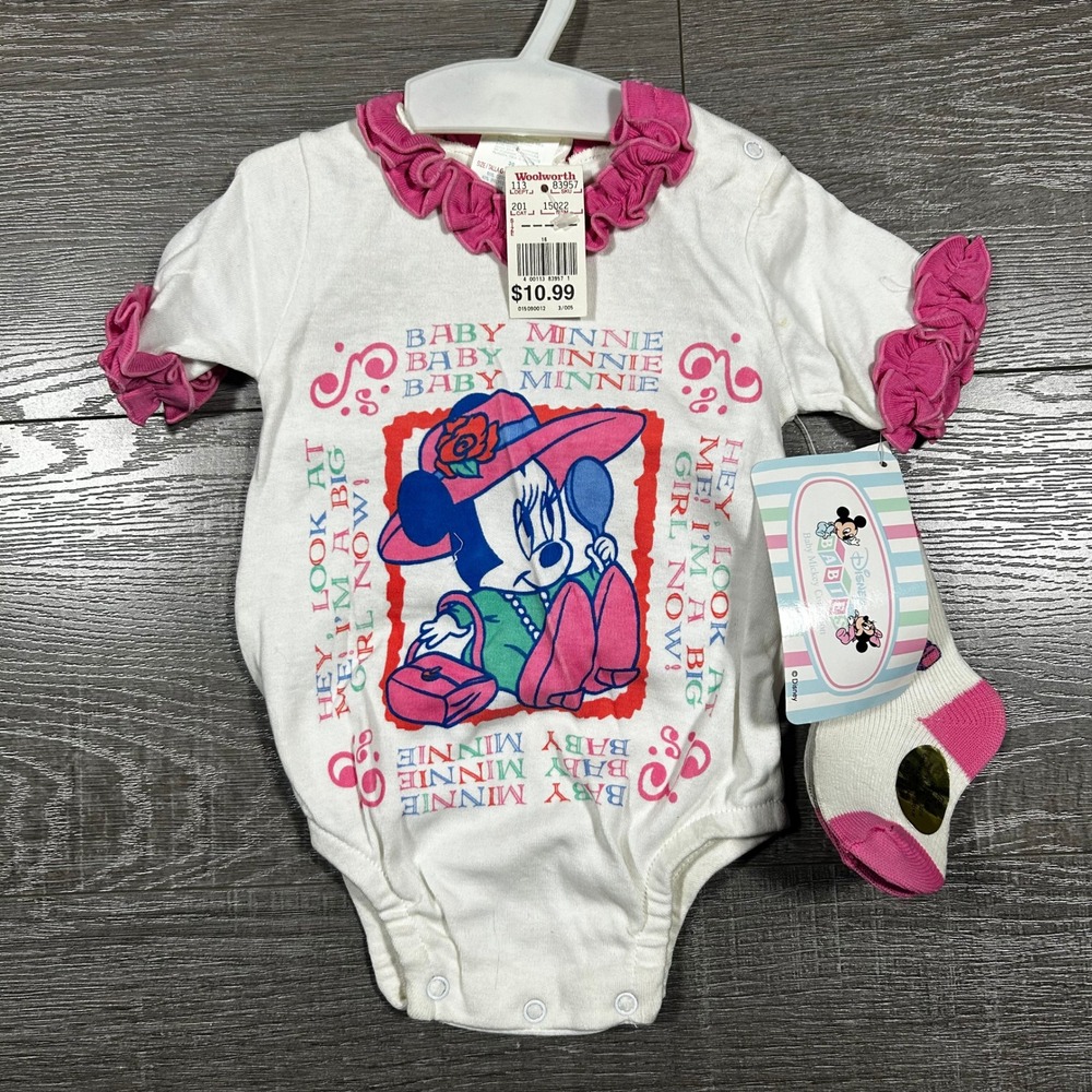 Vintage Disney Babies Minnie Mouse Bodysuit Socks Set 6-9M NWT‎ 90s Woolworth